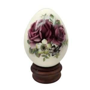 Vintage Porcelain Egg Purple Roses Floral Wood Stand Easter Home Decor 90s 3.5"